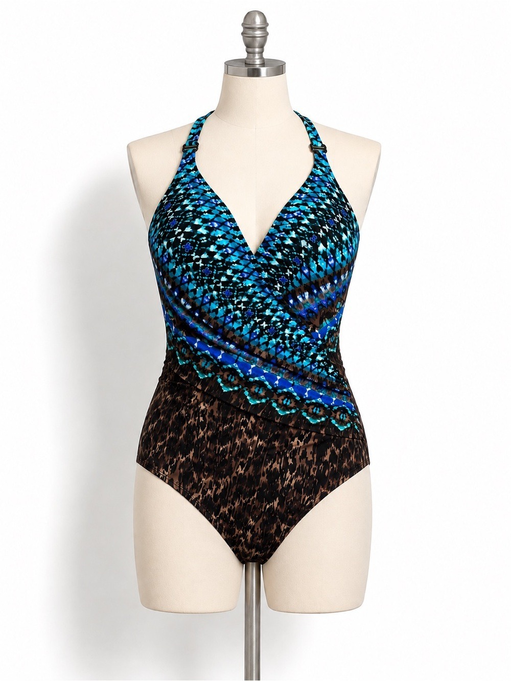 Miraclesuit Rhapsody One Piece Swimsuit Blue Brown Tummy Control US 10